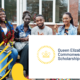 Group of smiling African students sitting together outdoors, giving thumbs-up gestures, with overlay text reading "Queen Elizabeth Commonwealth Scholarships.