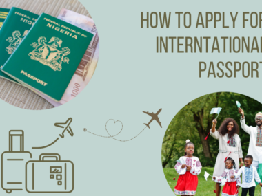 Nigerian international passports placed on currency notes, with a family celebrating travel, symbolizing the process of applying for an international passport