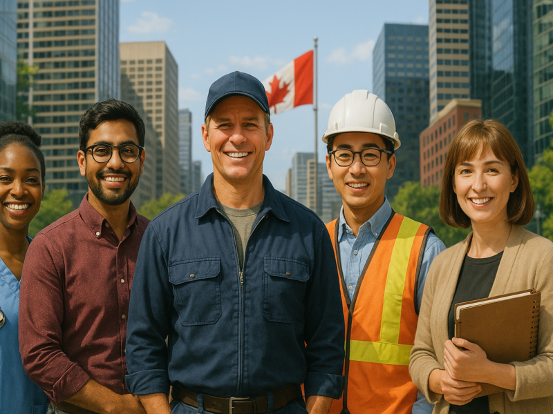 A diverse group of professionals—including a nurse, software developer, truck driver, engineer, and teacher—smiling in front of a Canadian city skyline with a national flag in the background.